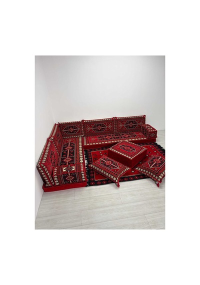 Sedir Deseni Şark Köşesi Takımı Yer Minderi Seti Sünger Dahil 13 Parça Çökmeyen Sünger Kırmızı