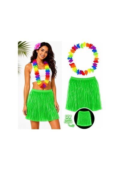 Neon Yeşil Hawaii Etek 40 Cm Ve Rengarenk Hawaii Kolye Evimdeyokyok