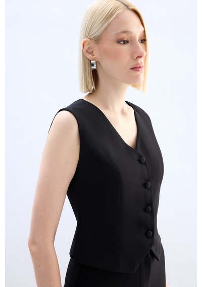 Sateen Klasik Kısa Yelek - Siyah-136835 Siyah