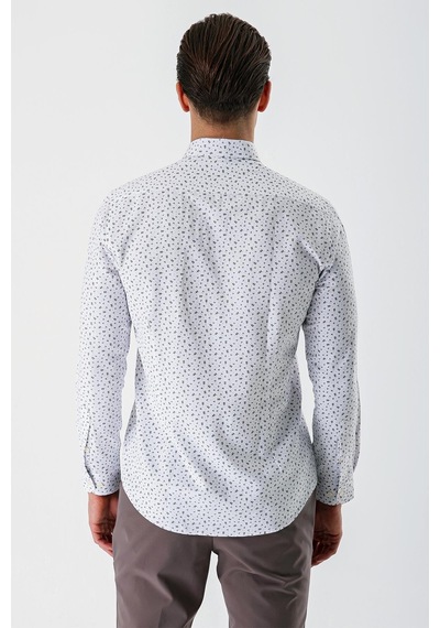 İmza Beyaz Uzun Kollu Baskılı Bez Ayağı Düğmeli Yaka Cepsiz Pamuklu Slim Fit Gömlek 1004235170-beyaz Beyaz