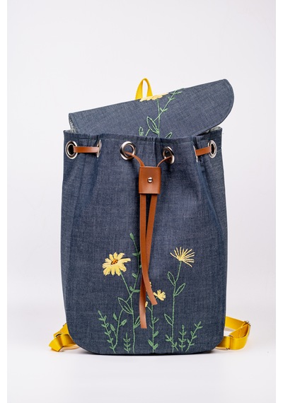 Fabric Craft Bag Sırt Çantası Kot Kumaş Çiçek Nakışlı Büzgülü Kot