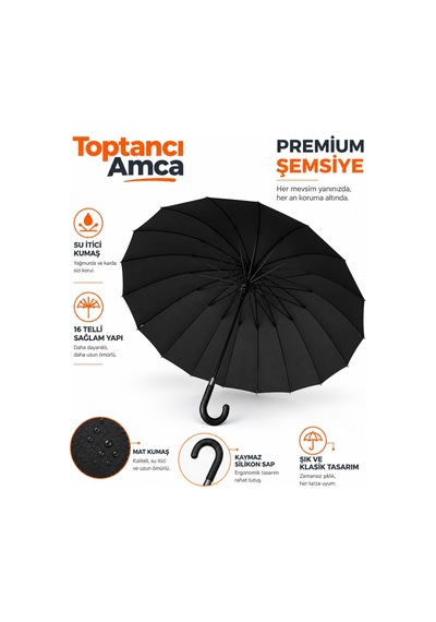 Toptancı Amca 16 Telli Süper Kaymaz Tutamaçlı Siyah Baston Kılıflı Şemsiye 100 Cm Çapında Ağır Değil Kadın Erkek Kullanır