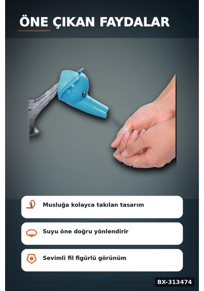 Bay Fil Figürlü 11x9x7 Cm Musluk Uzatıcı Başlık Aparatı, 1 Adet Çocuk El Yıkama Bx-313474 Najmaddin Standart