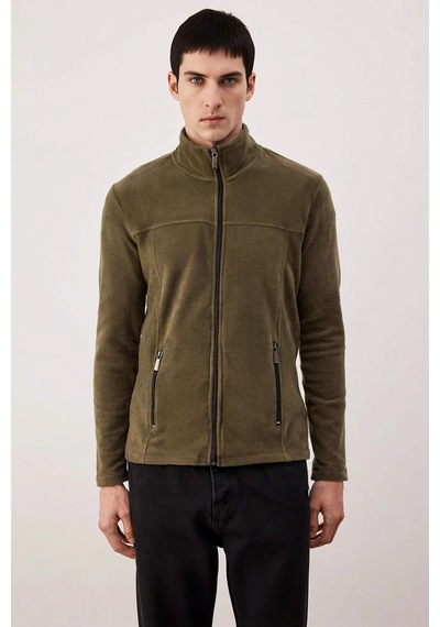 Benerly Erkek Dik Yaka Standart Kol Fermuarlı Polar Sweatshirt Fonksiyone Haki