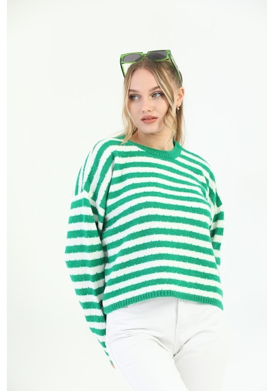 Youknitwear You Angora Çizgili Kazak Yeşil