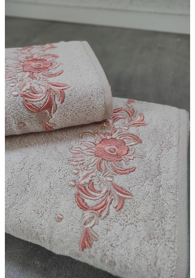 Nakışlı Bambu Banyo Havlu Takımı Pudra