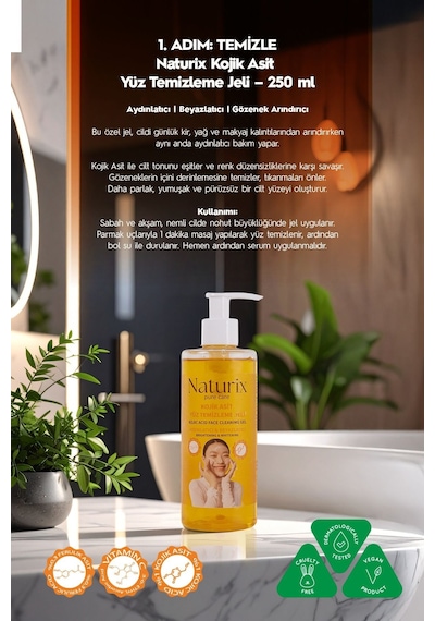 Naturix Kojik Asitli 3'lü Leke Karşıtı Bakım Seti Yüz Temizleme Jeli 250 Ml + Serum 30 Ml + Krem 50 Ml