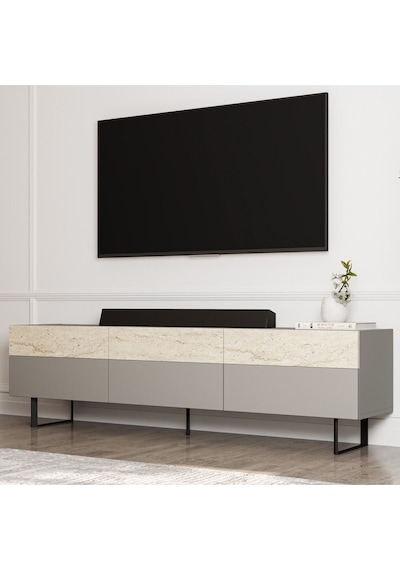 Sign Kapaklı Tv Ünitesi, Tv Sehpası - Metal Ayak - Gri/traverten - Gri Gri