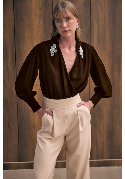 Sateen Aksesuar Detaylı Bodysuit Bluz - Kahve-136190 kahve