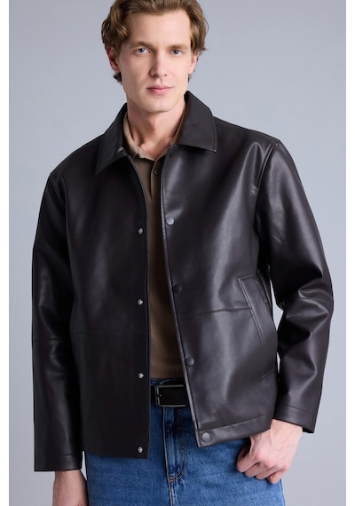 Defacto Regular Fit Polo Yaka Astarlı Çıtçıt Kapamalı Cepli Suni Deri Mont H2233ax26aubn338 Kahve-bn338