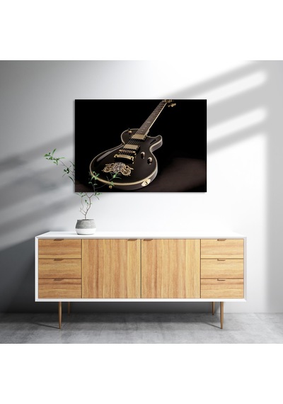 Cakasepetim Altın İşlemeli Siyah Klasik Elektrogitar Siyah Arka Plan Ahşap Mdf Tablo