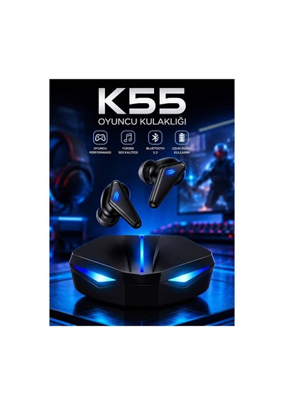 K55 Oyuncu Kulaklığı Bluetooth 5.4 Tws Kablosuz Kulaklık 65ms Düşük Gecikme Oyuncu Kulaklığı Hifi Stereo Ses Rgb Şarj Siyah - 936845714