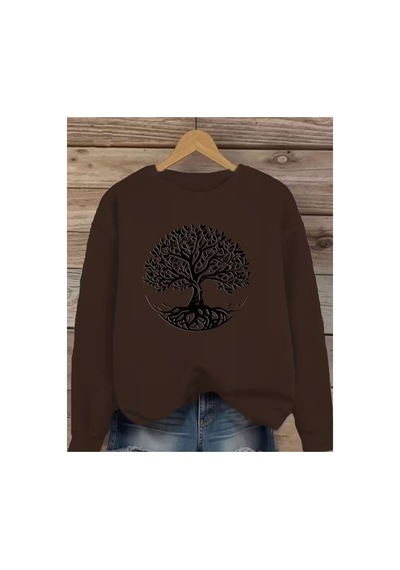Herkesemoda Ağaç Baskı Detaylı Bisiklet Yaka Sweatshirt Kahverengi