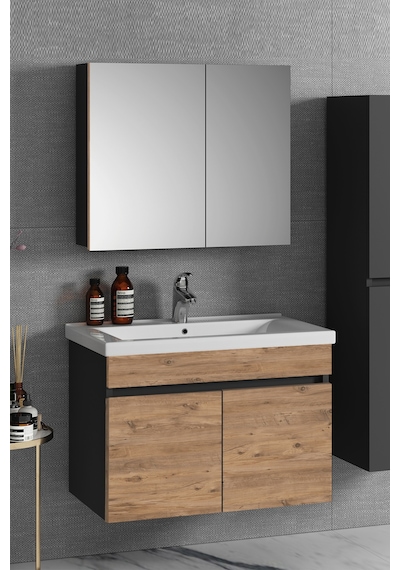 Çiğdem 80 Cm Antrasit Gri Mat-Atlantik Çam Mdf Seramik Lavabolu A Antrasit - Atlantik Çam