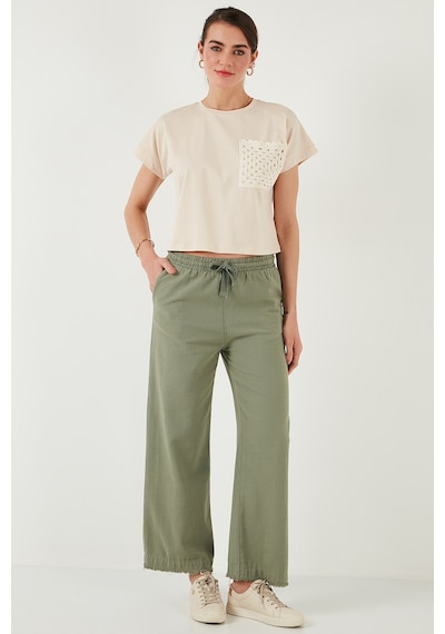 Lela Pamuklu Relaxed Fit Yüksek Bel Geniş Paça Bayan Pantolon 668Yp5275 Haki
