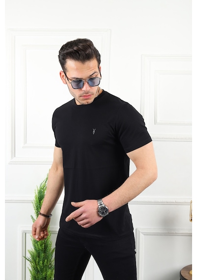 Erkek Siyah Slim Fit Bisiklet Yaka %100 Pamuk Tişört Siyah