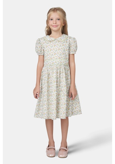 Made With Liberty Fabric Liberty Kumaş Kız Çocuk Bebe Yakalı Çiçek Desenli Elbise Krem