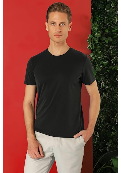 Efor Slim Fit Bisiklet Yaka %100 Pamuk Siyah Tişört Ts 878 Siyah