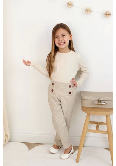 Koçak Kids Ekose Pantolonlu Krem Renk Kız Çocuk Takım KREM