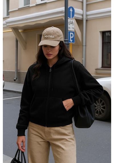 Kadın Fermuarlı Kapüşonlu Cepli İçi Polarlı Sweatshirt SiYAH