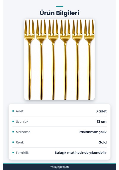 Gold Renk Tatlı Çatalı 6 Adet - 13 Cm