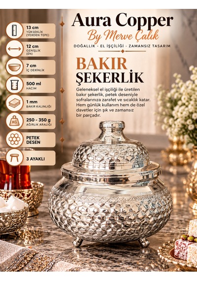 Aura Copper Kapaklı Bakır Şekerlik 3 Ayaklı El İşlemeli Lokumluk Gümüş Renk-petek