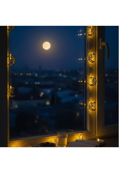 Minare Detaylı Hilal Led Ramazan Süsü Gold Metal Gövde, Günışığı Sarı, Pilli