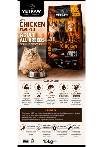 Vetpaw Tavuklu Yetişkin Kedi Maması 15 Kg Premium - Tüm Irklar İçin Kuru Kedi Maması