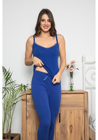 Myben Kadın Saks Renkli Dantel Detaylı Şortlu Ve Taytlı Pijama Takımı 3'lü Set 75006 Saks Mavisi