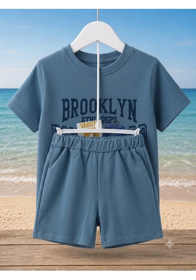 Pokipo Erkek Çocuk Brooklyn Baskılı Kısa Kollu Tişört Ve Şort 2 Li Yazlık Takım - Mavi açık mavi