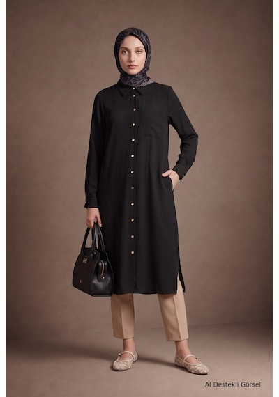 Armine Trend Boydan Düğmeli Cep Detaylı Gömlek Yaka Tunik Siyah 26kt461