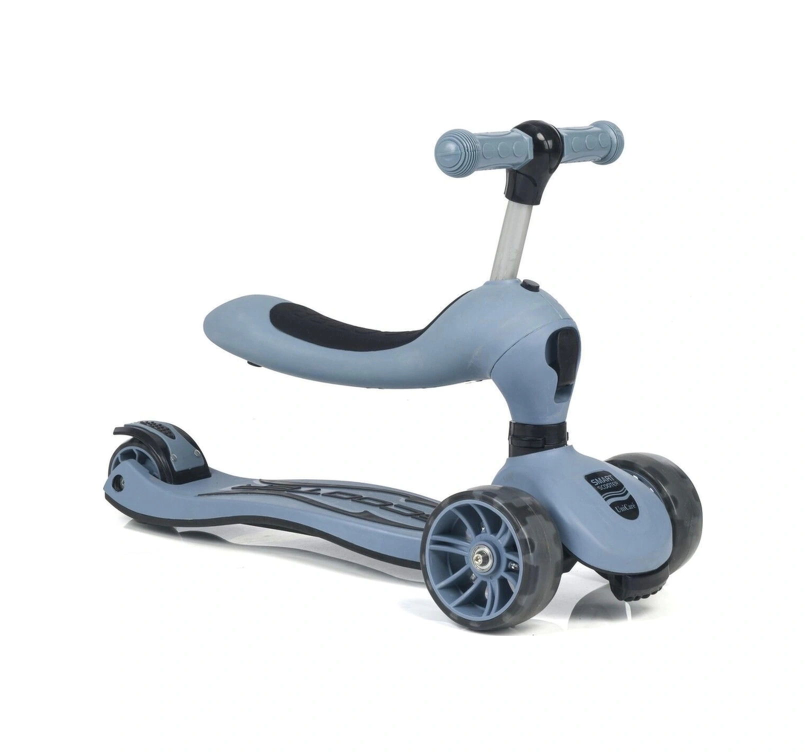 Smart Oturaklı Çocuk Scooter 3 Tekerlekli Led Işıklı Scooter Yükseklik Ayarlı - Mavi Askeri Mavi