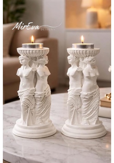 Yunan Üç Güzeller Tealight Mumluk Seti 2 Li, 16 Cm Taş Tozu Beyaz Heykel Mumluk, Antik Mitoloji Ev Dekoru