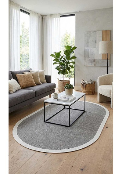 Natura Sisal Hasır Görünümlü Çerçeveli Oval Halı Ntr06 Krem-antrasit