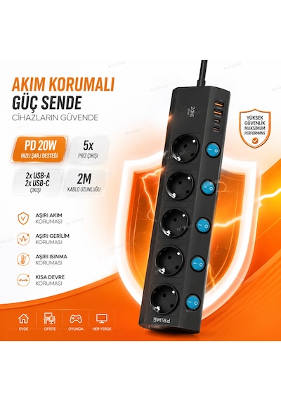 Nvg Pd20c Akım Korumalı 5'li Priz 2m Kablolu 2 Usb + 2 Type-c Usb-c Çoklu Priz Anahtarlı Ftr-28 Masaüstü Priz 0 - 2 M