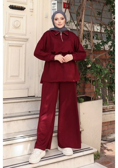 Balenbi Kadın Oversize Kesim Fermuarlı Yaka Bel Stoperli Modal Takım 1234 Bordo