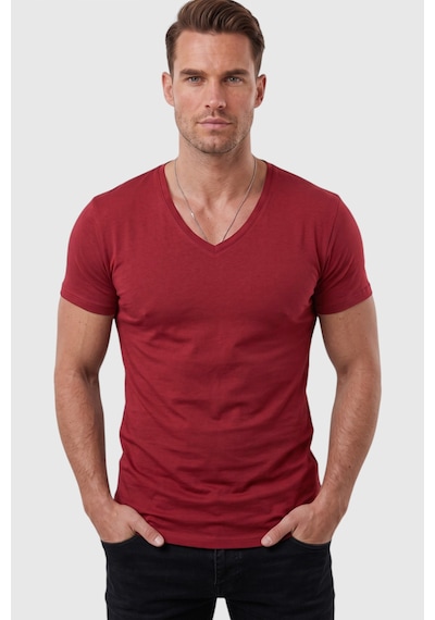 Rizzup Bordo Erkek Slim Fit Derin V Yaka Basic Tişört %90 Pamuk Likralı Asimetrik Kesim 2602265