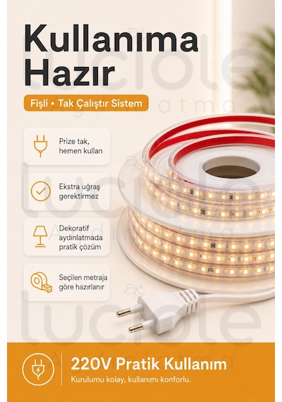 6 Metre 220v Günışığı Şerit Led Hazır Fişli Tak Çalıştır Silikonlu Yapışkanlı