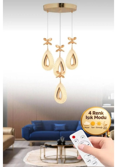LumiaLighting Damla Model 4'lü Gold Kumandalı 3 Renk Modu Ledli Kristal Taşlı Modern Salon Mutfak Oturma Odası Led Avize Altın