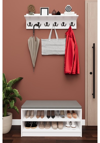 Asra Trend Puflu Ayakkabılık ve Askılık A-34 %100 MDF Minderli Portmanto Seti Beyaz Asra Trend Puflu Ayakkabılık ve Askılık A-34 %100 MDF Minderli Portmanto Seti Beyaz