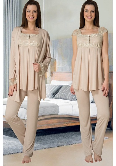 Effort Pijama Zerre Bebe Bej Hamile Lohusa Sabahlıklı Pijama Takımı 2301 Bej