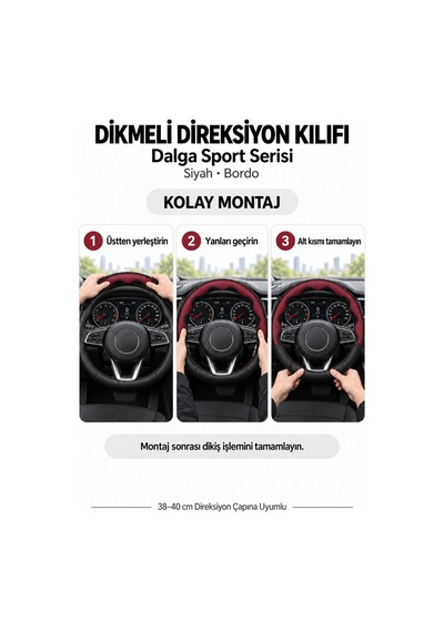 Trobus Ford Fiesta 2018-2023 Uyumlu Dikmeli Direksiyon Kılıfı Dalga Sport Deri Siyah Bordo Siyah - Bordo