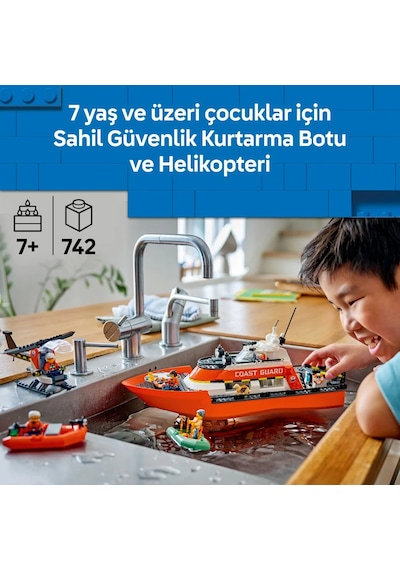 LEGO® City Sahil Güvenlik Kurtarma Botu ve Helikopteri 60504 -7 Yaş ve Üzeri Çocuklar için Yaratıcı Oyuncak Yapım Seti (742 Parça)