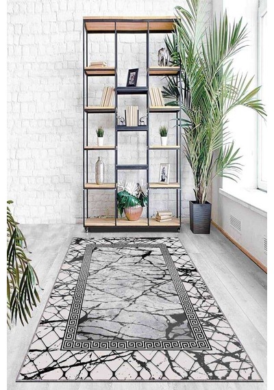 Gri Çerçeveli Kaymaz Tabanlı Makinede Yıkanabilir Halı Ar961n11