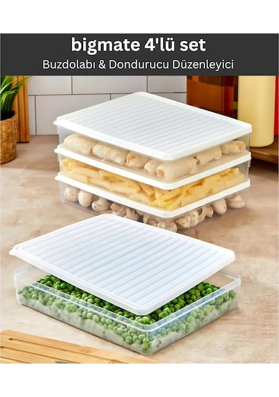 Bigmate Bgmt2525 4'lü Şeffaf Saklama Kabı 4x2,5 Lt Mikrodalga Buzdolabı Ve Dondurucu Uyumlu Düzenleyici Beyaz