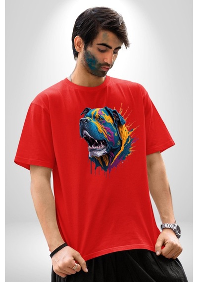 Köpek Saint Bernard Havlama Pamuklu Bisiklet Yaka Unisex Oversize Boyfriend Dijital Baskılı Kırmızı T-shirt Kırmızı