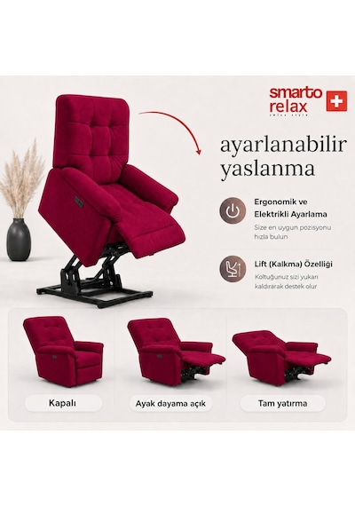 Smarto Relax Porto Liftli Çift Motorlu Elektrikli Ayağa Kalkma Destekli Polyester Hasta Ve Baba Tv Koltuğu Bordo