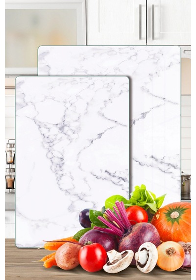 2'li Cam Kesme Tahtası Ve Sunumluk Beyaz Mermer Desenli 20 X 30 Cm Ve 25 X 35 Cm Çok Renkli