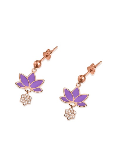 Papatya Silver 925 Ayar Gümüş Rose Kaplama Parlayan Rüya Serisi Tasarım Ebruli Cam Boyalı Mor Lotus, Kartanesi Küpe