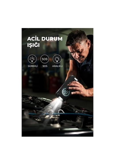 Volemi Vm-726 4'ü 1 Arada Taşınabilir Şarjlı Akü Takviye Cihazı Ve Lastik Şişirme Pompası 10000mah Powerba